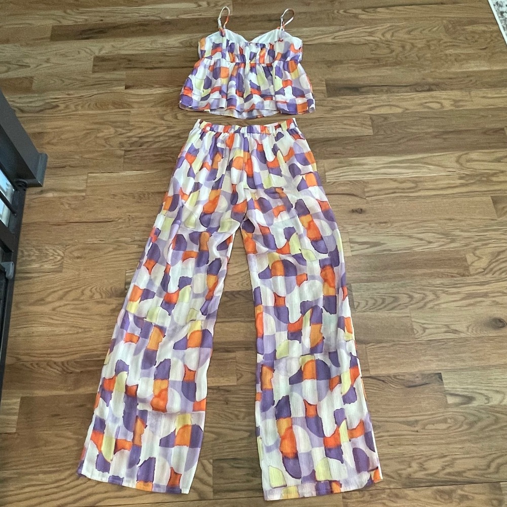 g.p.d. Women Abstract Geometric Print 2 Piece Set Crop Top Wide Leg Pants XS - Picture 3 of 9